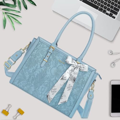MOSISO Laptop Bag for Women, 15.6-16 inch PU Leather Tote Bag | Compatible with MacBook, HP,Dell,Asus, Front Embossed Retro Hibiscus Computer Bags with Silk Scarf&Clutch Purse, Air Blue - color: Air Blue, size: 16 inch