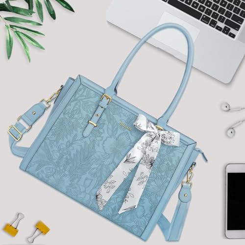 MOSISO Laptop Bag for Women, 17-17.3 inch PU Leather Tote Bag | Compatible with MacBook, HP,Dell, Front Embossed Retro Hibiscus Computer Bags with Silk Scarf&Clutch Purse, Air Blue - color: Air Blue, size: 17.3 inch