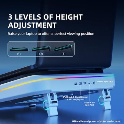 RGB Laptop Cooling Pad with LED Touch Screen, 3500 RPM Turbofan Notebook Cooler for 12-21 Inch Gaming Laptops, 3-Port USB Hub, Adjustable Stand to Prevent Overheating & Boost Performance