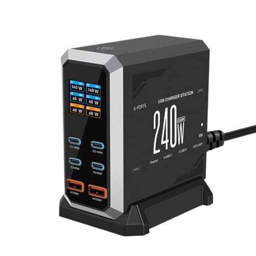 240W GaN 6-Port USB-C Charging Station, PD3.1 Desktop Display | 240W 6-Port GaN charger with PD 3.1 140W, real-time power display, and UL certification for safe multi-device charging