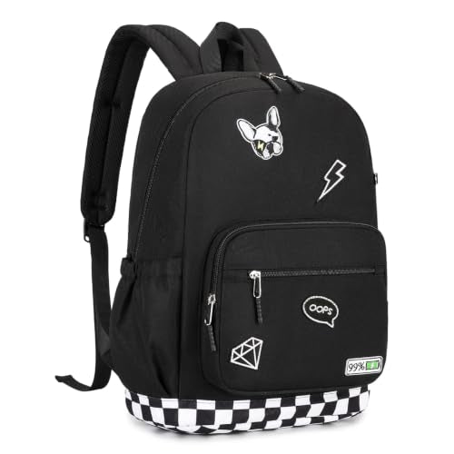 mygreen Embroidered Patch Backpack,15.6 Inch Water Resistant School Daypack | Y2K street embroidery patches,24L lightweight 1.2lb pack,breathable padded straps,fits teen school travel,waterproof Black - color: Black Patch