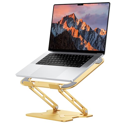 JCZT Adjustable Laptop Stand for Desk, Metal Foldable Laptop Riser, Portable Laptop Holder Mount, Ventilated Cooling Computer Notebook Stand for MacBook Air Pro, All 10-16'' Notebooks Laptops, Gold - color: Gold