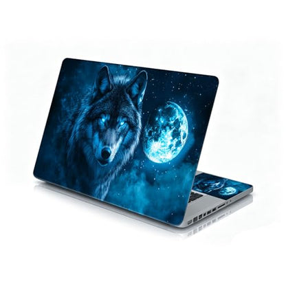Universal Laptop Skin Sticker Decal, 12"-15.6" Aesthetic Vinyl Wrap, Blue Wolf with Glowing Moon Waterproof Notebook Cover Art Protector for MacBook HP Dell Lenovo, Fits 13" 14" 15" 15.6" - color: Blue Wolf with Glowing Moon
