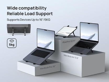 YUATAUY Ultra Compact Laptop Stand with 4 USB Ports, USB Hub for Desk, Foldable Portable for Travel, Library, Home, Office, Cafe, 6-Level Ergonomic Adjustable Aluminum Holder for 10-16" Laptops