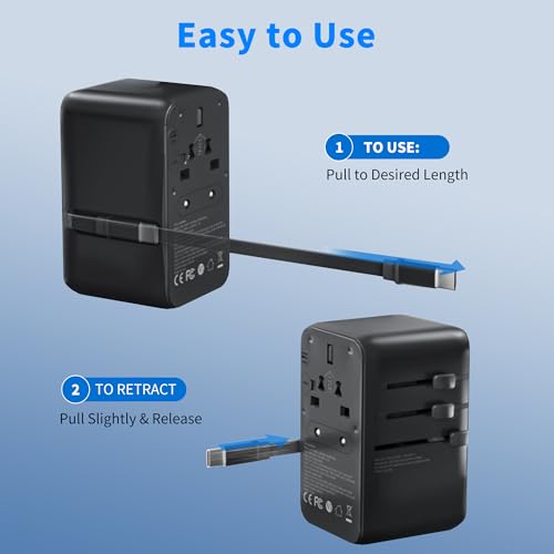 100W GaN Universal Travel Adapter - 6-in-1 International Plug Adapter Wall Charger for 200+ Countries, Built-in USB-C Cable Multi Port Fast Charging Worldwide - US/EU/UK/AUS