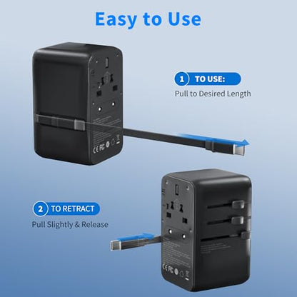 100W GaN Universal Travel Adapter - 6-in-1 International Plug Adapter Wall Charger for 200+ Countries, Built-in USB-C Cable Multi Port Fast Charging Worldwide - US/EU/UK/AUS