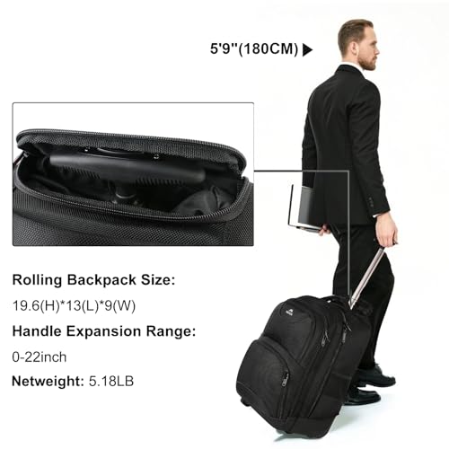 MATEIN Rolling Backpack, 17 inch Water Resistant Wheeled Laptop Backpack, Carry on Luggage Business Bag, Overnight College Computer Bag Trolley Suitcase for Men Women Adults to Travel, Black | Backpack with Wheels, 17 inch Laptop Backpack, 36 L Main Compa