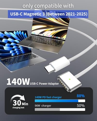 140W Mag 3 Charger for MacBook Pro/Air 13/14/15/16 Inch Between 2021-2026 | Magnetic 3 Laptop Charger Compatible with M1 M2 M3 M4 M5 Series, Mid 2021-Late 2026 Models, A2442 A2485 A2681 A2779 A2780