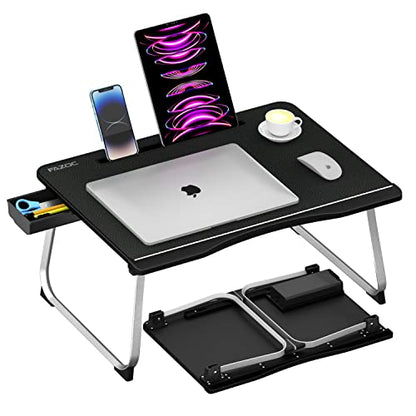 Laptop Desk for Bed,Fazoc Sturdy Foldable Bed Tray PVC Leather Table with Aluminum Legs,Storage Drawer & Card Slot for Eating,Reading Book, Watching on Bed,Couch & Floor-XXL Large Black