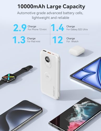 Portable Charger 10000mAh 20W, Wall Plug, 2 Cables, iWatch Charging | Digital Display, Compact Lightweight, USB C Fast Charge, USB-A 18W, Multi Protection, Travel Essential, for iPhone 17 16, Pad - color: Auroral White