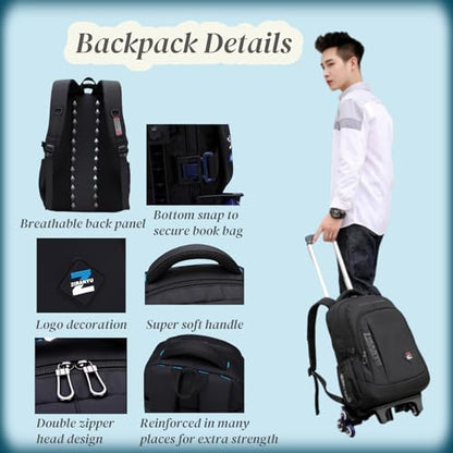 VIDOSCLA Black Kids Boys Rolling Backpack Teens Carry-on Luggage with Wheels Trolly BookBag for School-2 Wheels - color: A1# Black Blue-2 Wheels, style: A1# 2 Wheels