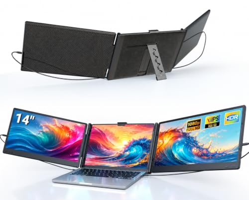 Ygretyrjh Laptop Screen Extender, 14" Triple Portable Monitor for Laptop, 1080P FHD IPS Screen Extender Monitors for 13"-17", Travel Monitor for Mac/Windows/Chrome, Built-in Speakers - size: 14" Triple Screen