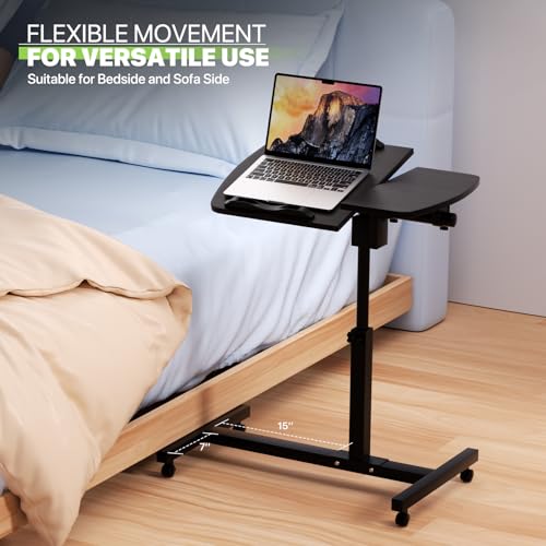 Magshion Tilting Overbed Bedside Table with Wheels, Rolling Laptop Desk with Mouse Table & Height Adjustment from 24" to 36", Sit to Stand Up, Mobile Standing Desk for Hospital Home Office, Black - color: Black Frame, size: Split Desktop