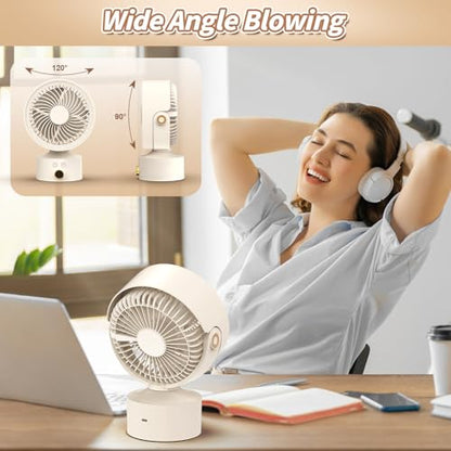 Desk Fan Small Oscillating for Bedroom, 9 Inch Quiet Desk Fan Air Circulator with 3 Speeds, 4H Timer, Rechargeable Desk Fan for Office/Dorm/Room-Beige