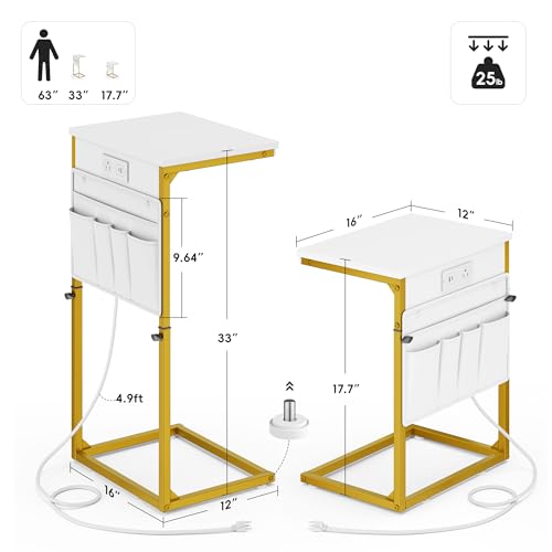 Vagusicc C-Shaped End Table with Charging Station, Small Side Table for Couch, 33" Tall C Table Adjustable Height Side Table, Couch Tables that Slide Under, Sofa Table TV Tray for Living Room, Golden - color: 1pc Golden