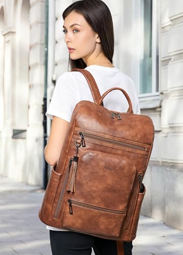 Shrrie Upgraded Large Travel Laptop Backpack with Laptop Compartmetn Fits 17 inch Laptop,Waterproof Vegan Leather Computer Backpack for Women and Men Work Business College - color: Two-toned Brown