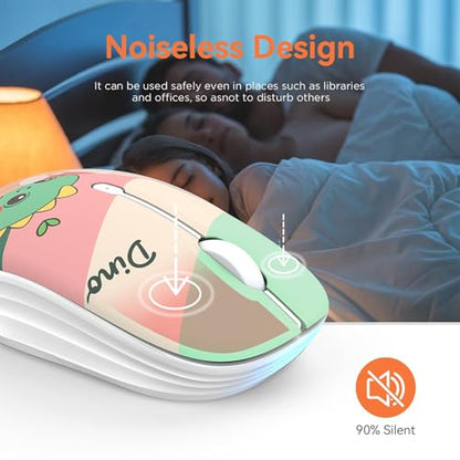 FMOUSE Cute Wireless Mouse, Bluetooth & 2.4GHz Dual Mode with USB Receiver, Silent Click, AA Battery Powered, for Kids Students Teen Girls, Compatible with Laptop Mac iPad PC (Cute Dino) - color: Cute Dino