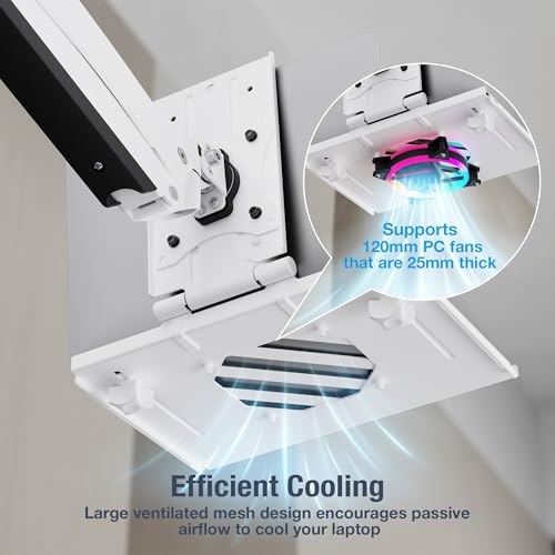 AVLT Adjustable Laptop Tray with Support Fans White (Fan Not Included) | Compatible with VESA 75x75 Monitor Arm - Suitable for Laptops Up to 17Inch Support for 120mm Fan