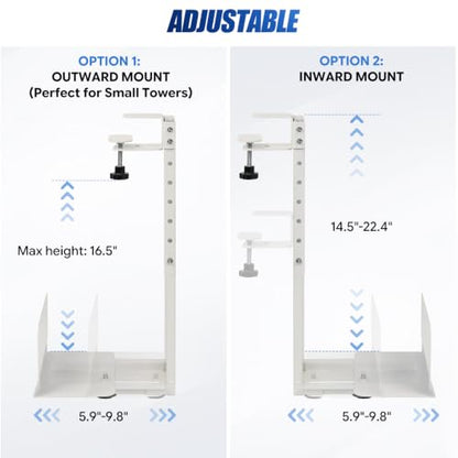TooCust Adjustable Under Desk PC Mount, Heavy Duty No Drilling Clamp Mount on Desk Fits Most PC Tower 14.5”-22.4” (H) , Thickened & Ultra Strong CPU Holder for Standing Desk & Home Office, White - color: White