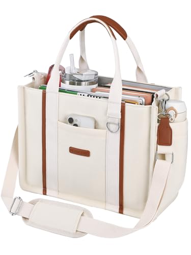 BESBESME Women’s Canvas Tote Bag with Zipper and Compartments – Multi-Pocket Laptop Work Crossbody Shoulder Tote Purse - color: Beige, size: Large, style: Built-in Organizer