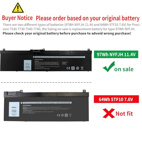 Emanjor 97Wh Type NYFJH 11.4V Laptop Battery Replacement for Dell Precision 7530 7540 7730 7740 P34E P34E001 P34E002 P74F P74F001 P74F002 451-BCGI 0WNRC 00WNRC GW0K9 0GW0K9 6-Cell