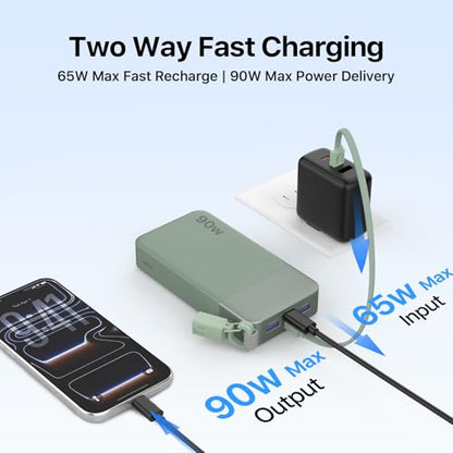 NOBIS Portable Charger 20000mAh 90W Power Bank w/Detachable Cable | 2C+2A USB-C Fast Charging Battery Pack with LED Display,Battery Bank for Laptops, Tablets, Phones and Steam Deck - color: Green