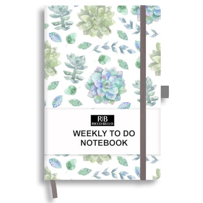 RICCO BELLO Undated Weekly Planner To Do Notebook, 5.7 x 8.4 Inches | Hardcover, Succulents Design, Pen Holder & Bookmark, Band Closure & Storage Pocket, For Work, School, Home - color: Succulents