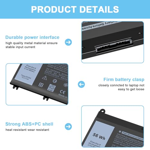 33YDH Laptop Battery Compatible with Dell Inspiron Notebook 17 7000 7778 7577 7773 7779 7786 G3 3579 3779 G5 5587 G7 7588 Latitude 13 3380 14 3490 3580 15 3590 Vostro 7580 P30E 81PF3 56Wh - size: 33YDH