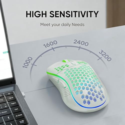 MELOGAGA Wireless Gaming Mouse RGB Rechargeable Lightweight Honeycomb White | 7-Color LED Light, 4 DPI Levels, USB-C Recharge & Stable 2.4G Wireless for PC Mac Laptop Desktop Computers - color: Wireless_White