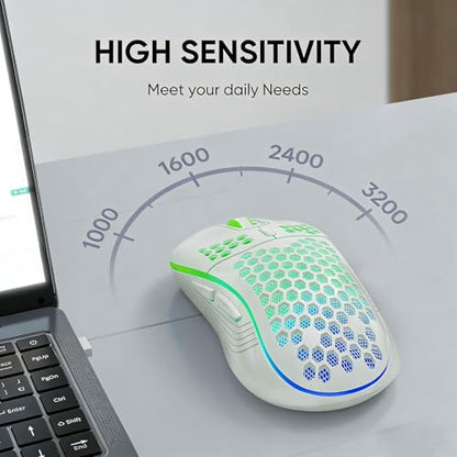 MELOGAGA Wireless Gaming Mouse RGB Rechargeable Lightweight Honeycomb White | 7-Color LED Light, 4 DPI Levels, USB-C Recharge & Stable 2.4G Wireless for PC Mac Laptop Desktop Computers - color: Wireless_White