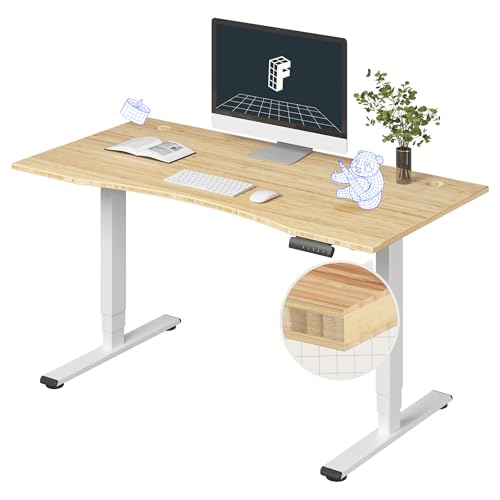 FlexiSpot E6 Bamboo 3-Stage Dual Motor Electric Standing Desk 55 x 28 Sit Stand Up Desk, Holds 220 lbs, Adjustable Height w/ Memory Presets, Solid Bamboo Curved Desktop & White Frame, Ships in 2 Boxes - color: White Frame+curved Top, size: 55"x28" Bamboo