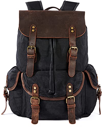 HuaChen Vintage Waxed Canvas Backpack with Genuine Leather Flap, Travel & Work Rucksack, Water-Resistant Daypack with Anti-Theft Pocket, Large/X-Large (15.6/17.3" Laptop), M80 Black - color: Black, size: Large
