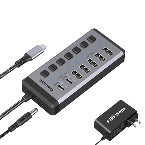 Qwiizlab 36W Powered USB3.2 Hub, 7 Ports with 2 USB-C 10Gbps, 1 USB-A 10Gbps, 4 USB-A 3.0, Power Adapter 12V/3A, Aluminum Multiport Expander for Desktop PC, Laptop, Surface Pro and Mac