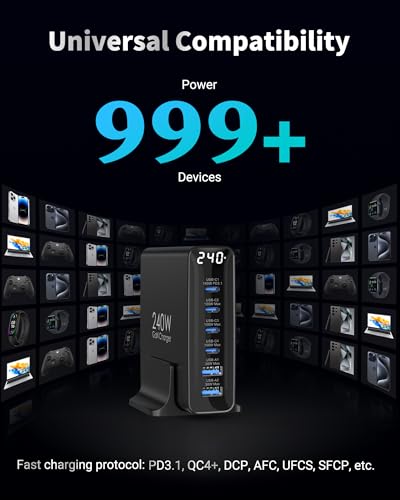TOPADRE 240W USB C Charger with Display, 6 Ports Desktop Charging Station, PD3.1 140W Fast Charging Block for MacBook, iPad, iPhone 16/17, Galaxy S25/S24, Steam Deck, Dell XPS and More - color: Black