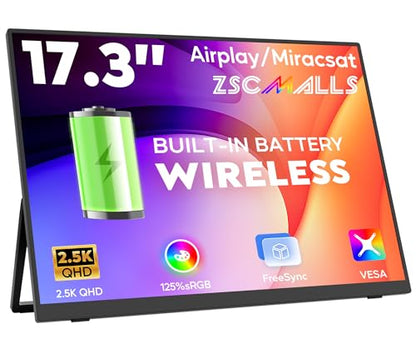 17.3" 2.5K Wireless Portable Monitor with Built‑in 8000mAh Battery 4H, AirPlay & Miracast, 2560x1400 IPS Matte HDR, 125% sRGB, 500 Nits, VESA, Auto Rotation for Phone/Tablet, USB‑C & Mini HDMI - size: 17.3