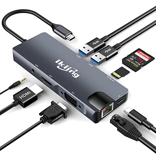 ikling USB C Hub, 9-in-1 USB C Adapter with 4K USB C to HDMI, VGA, Gigabit Ethernet, 100W PD, 2 USB-A 5 Gbps, MicroSD/SD Card Reader, USB C Dock for Most Type-C Devices