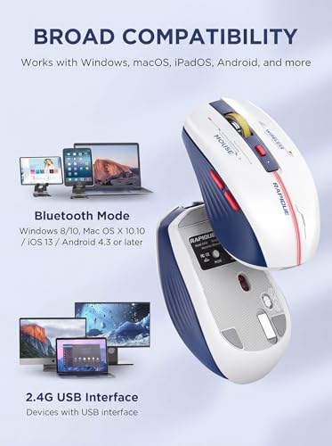 RAPIQUE Bluetooth Wireless Mouse - (BT1/BT2+USB) Tri-Mode High Performance, Rechargeable, Multi-Device Compatible with PC/Laptop/Computer/MacBook/iPad Air Pro (Blue and White) | 3-Device Switching, USB-C Rechargeable, Quiet Clicks, 800/1200/1600 DPI, 6 Bu