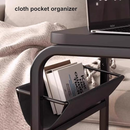 Overbed Table with Storage Metal Bedside Table, Multi Purpose Side Table, C Shaped Office Bedside Table, Fabric Pocket Storage, for Bedside, Sofa Side(Brass) - color: Brass