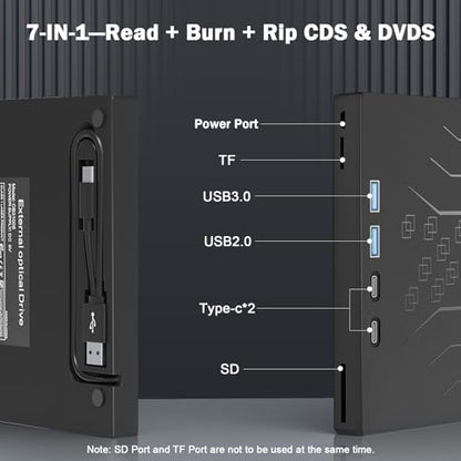 Wbacon 7 in 1 External CD/DVD Drive for Laptop, USB 3.0 External CD Drive | CD DVD +/-RW Disk Drive, Portable CD/DVD Player Burner Reader Writer for Laptop Desktop PC Windows 11/10/8/7/XP Mac Linux - style: External DVD Drive