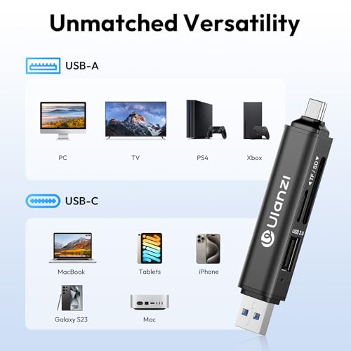 ULANZI CR1 3-in-1 SD/TF/USB Card Reader, USB 3.1 High-Speed 170MB/s, Triple-Slot Simultaneous, Dual USB-C/A, Case-Friendly Port, w/Carabiner Clip for Phone/Tablet/Mac/PC/Android/Photographer