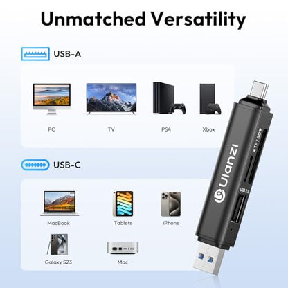 ULANZI CR1 3-in-1 SD/TF/USB Card Reader, USB 3.1 High-Speed 170MB/s, Triple-Slot Simultaneous, Dual USB-C/A, Case-Friendly Port, w/Carabiner Clip for Phone/Tablet/Mac/PC/Android/Photographer