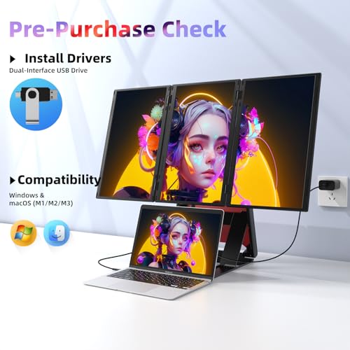 Quad Laptop Screen Extender, 15.6" FHD 1080P Quad Monitor, Combine into One 30" Screen (Landscape/Portrait), Just 1 Cable for 3 Screens, Driver Required, Compatible with Wins & Mac - size: 15.6-Q