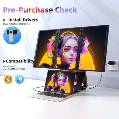 Quad Laptop Screen Extender, 15.6" FHD 1080P Quad Monitor, Combine into One 30" Screen (Landscape/Portrait), Just 1 Cable for 3 Screens, Driver Required, Compatible with Wins & Mac - size: 15.6-Q