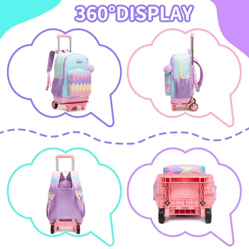 Girls Rolling Backpack for Kids Backpack with Wheels for Elementary School,Large Capacity Trolley School Bag with Lunch Box Pencil Case - color: Purple Blue