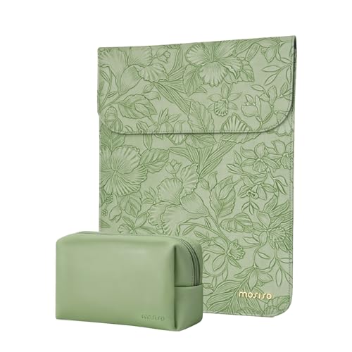 MOSISO Laptop Case 13.3 inch, 13-13.3 inch Laptop Sleeve with Small Bag | Compatible with MacBook Neo 13 A18 Pro A3404/Air 13/Pro 13/Pro 14 M5 M4 M3 M2 M1,Embossed Hibiscus PU Leather Case,Sage Green - color: Sage Green, size: 13.3 inch