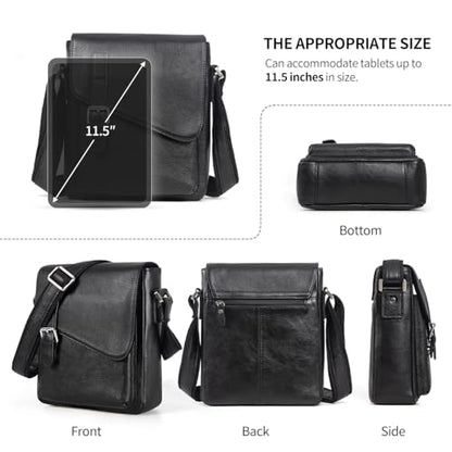 Augus Leather Messenger Bag Men's Crossbody Fits Up to 11.5 Inch Tablet - color: Black1