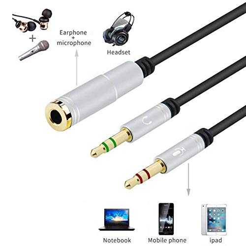 3.5mm Headphone Splitter Adapter Female to 2X 3.5 mm Male Converter Cable Headphone Mic Audio Y Splitter Cable Smartphone Headset to PC Adapter –for Microphone with 4 Pin (Silver) - color: Silver