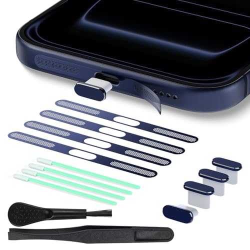 4 Pack USB C Dust Plug Sets with Speaker Dust Cover for iPhone 17 Pro Max, Type C Phone Charging Port Anti Dust Plugs Protector, iPhone 17 Pro Max Accessories(Dark Blue) | for iPhone 17 Pro Max,with Speaker Dust Cover x4,Cleaning sticks x 4,Cleaning Brush