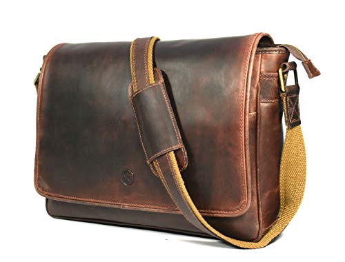 16" Crossbody Bag Leather Laptop Messenger Bag For Men with trolley sleeve for school office (Walnut) - color: Walnut