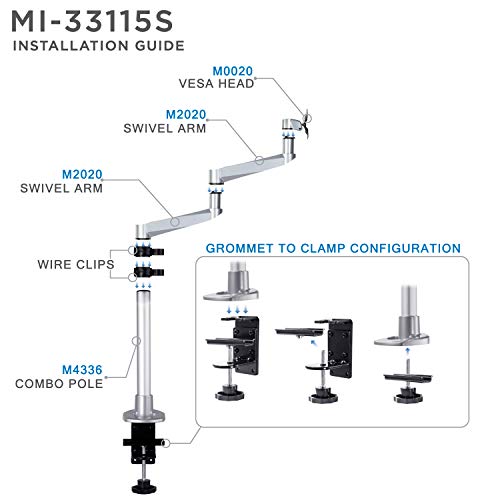 Mount-It! Premium Modular Monitor Desk Mount Arm Stand | Single Tilt Swivel Arm Fits 19 21.5 24 27 32 Inch Computer Screens with 75 100 VESA Patterns | C-Clamp and Grommet Bases | Silver